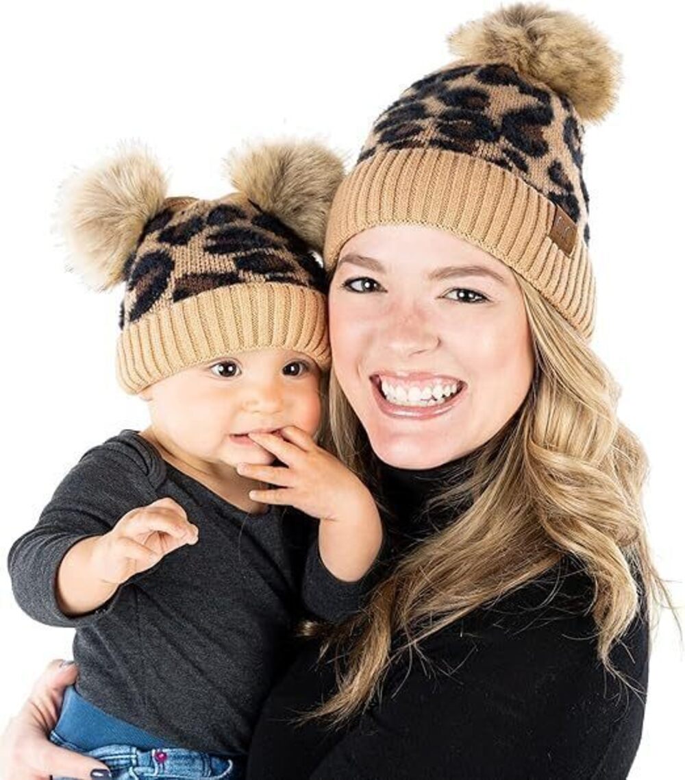 6295 Matching 2 Pack: Adult/Infant Double POM - Leopard - Latte
